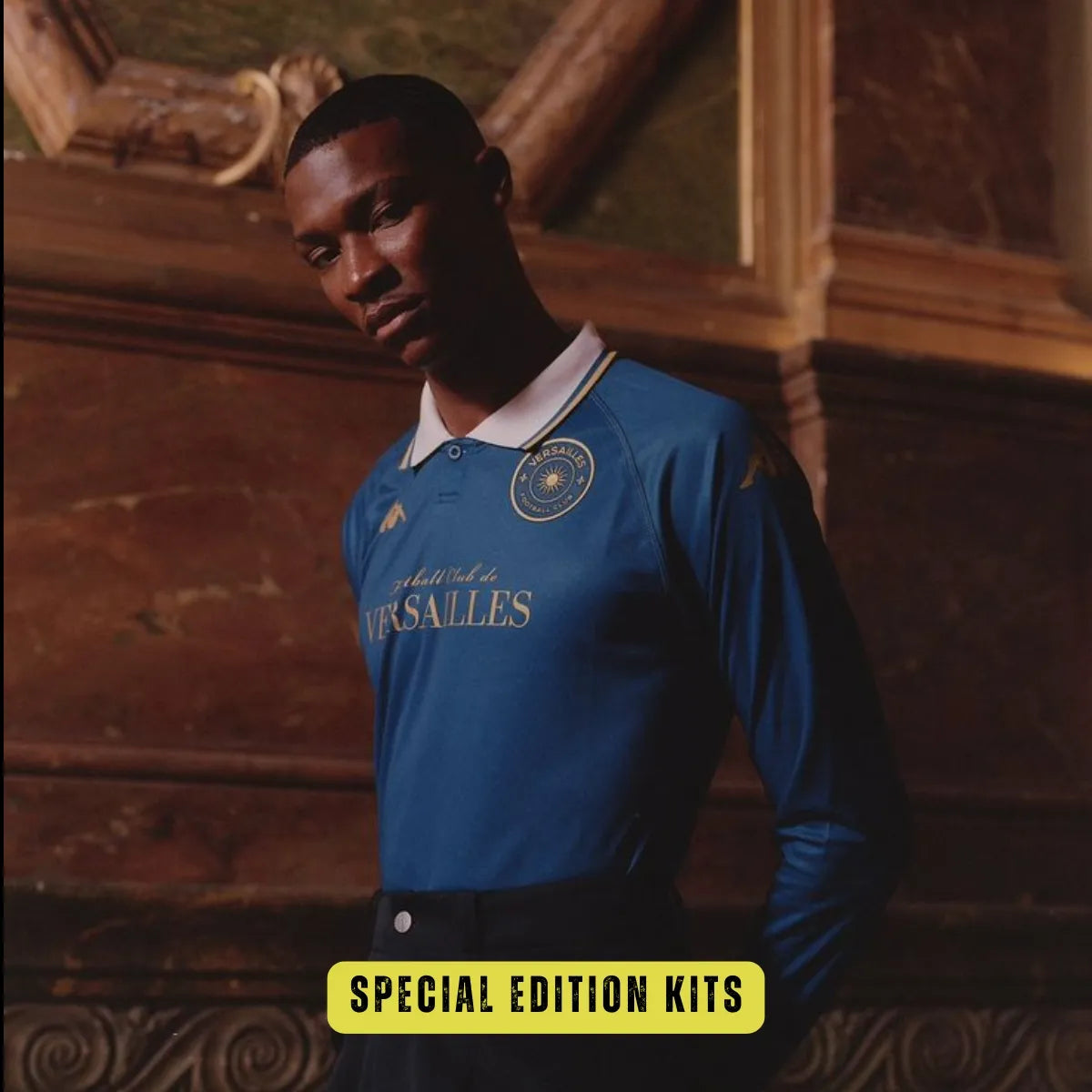 Special Edition Kits: Versailles football kit 2024 in royal blue with gold accents, featuring the elegant Versailles crest and Kappa logo. Available at GoatGears Store for exclusive football shirt collectors worldwide