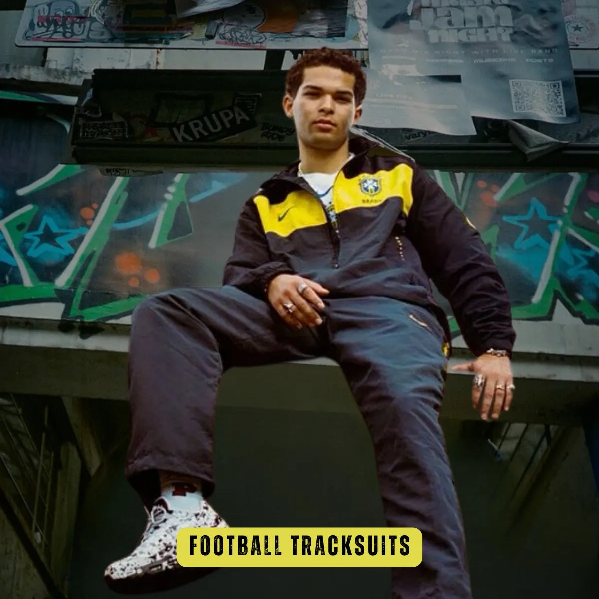 Football Tracksuits: Stylish Brazil football tracksuit 2024 in black and yellow featuring Nike logo and Brazil crest. Perfect for sports and casual wear, available at GoatGears Store online.